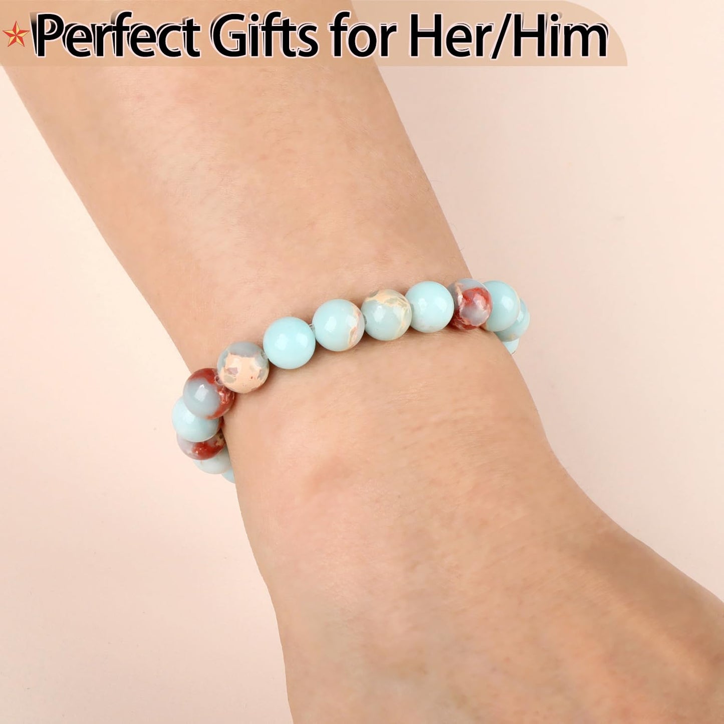 QOGIR Imperial Jasper Bracelet - Stone of Success Bracelet for Men Women - Handmade Natural Gem Stone Beaded Stretch Elastic Healing Bracelets 8mm