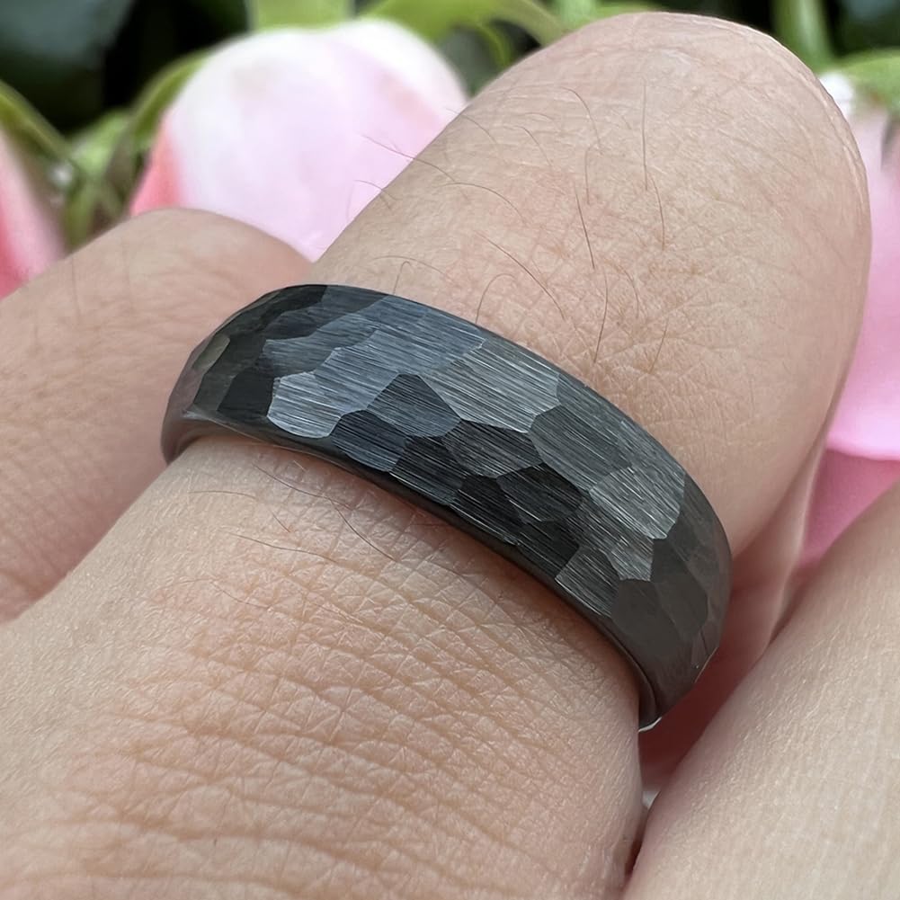 TUTISS 6mm Black Hammered Tungsten Rings for Men Women Fashion Engagement Wedding Bands Domed Matte Finish Comfort Fit Size 5