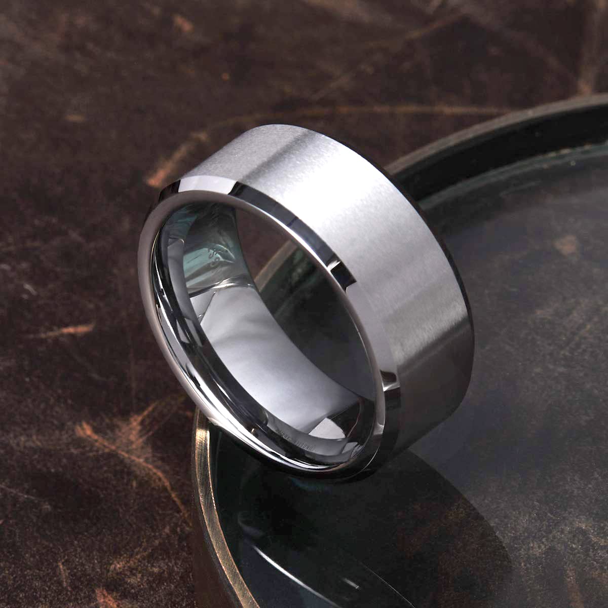 King Will 8mm Men's Silver Wedding Ring - Brushed Matte Surface, Beveled Polished Edge, Comfort Fit Size 10