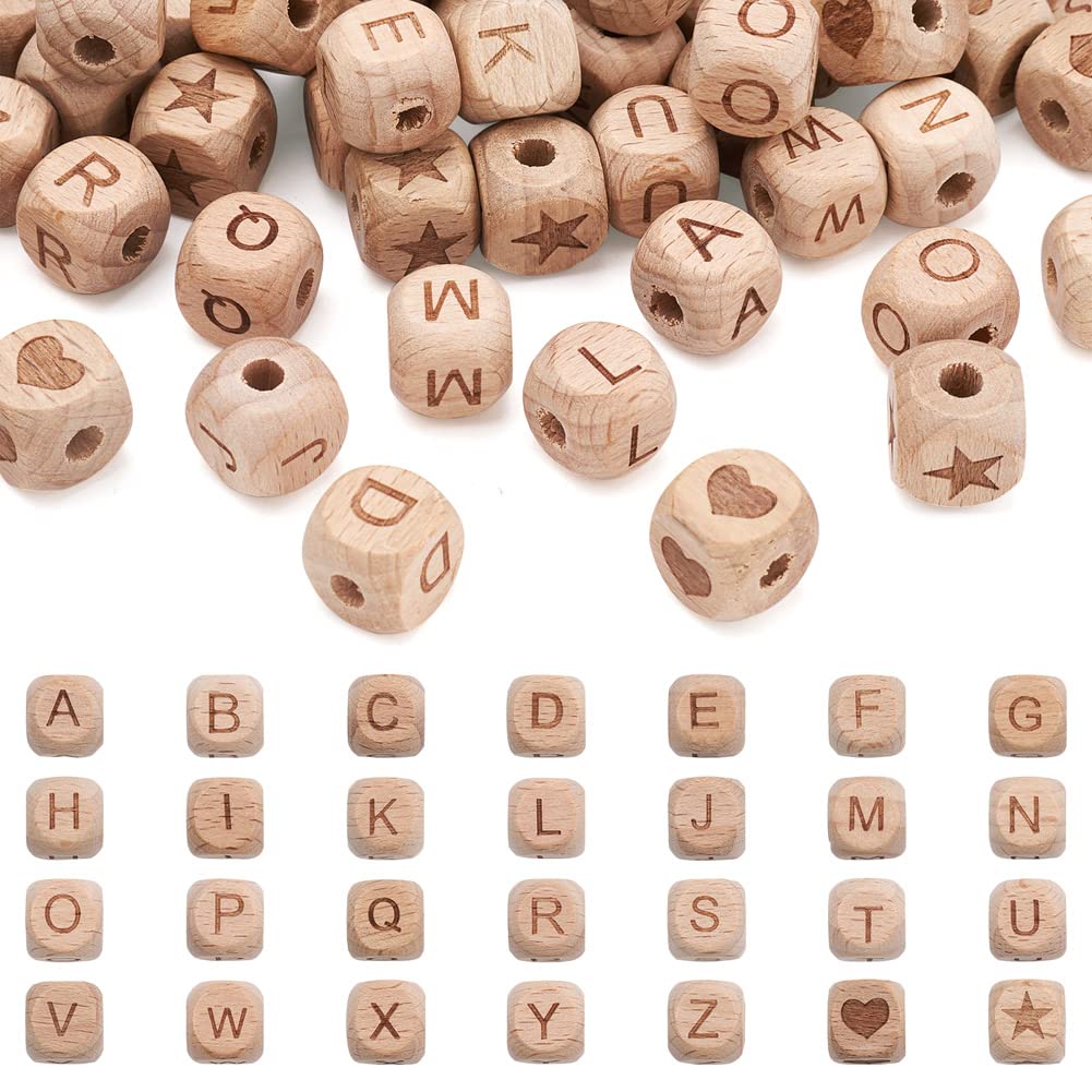 KISSITTY 98pcs Wooden Beads for Crafts Letter Wood Beads Cube Alphabet Beads Large Hole Wood Spacer Beads with Star Heart for Necklaces Bracelet Antique White Letters
