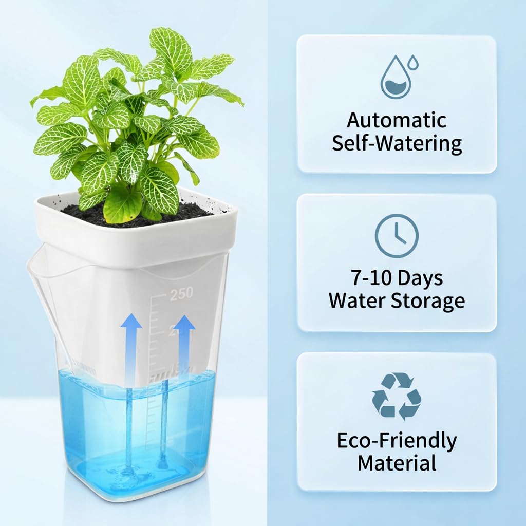 DIGARDPRO 10 Pack 2.5" Self Watering Pots for Indoor Plants with Anti-Tip Tray & Reservoir Refill Bottle, Seed Starter Kit for Seedlings, Cuttings, Succulents, Herbs, 10 Plant Labels