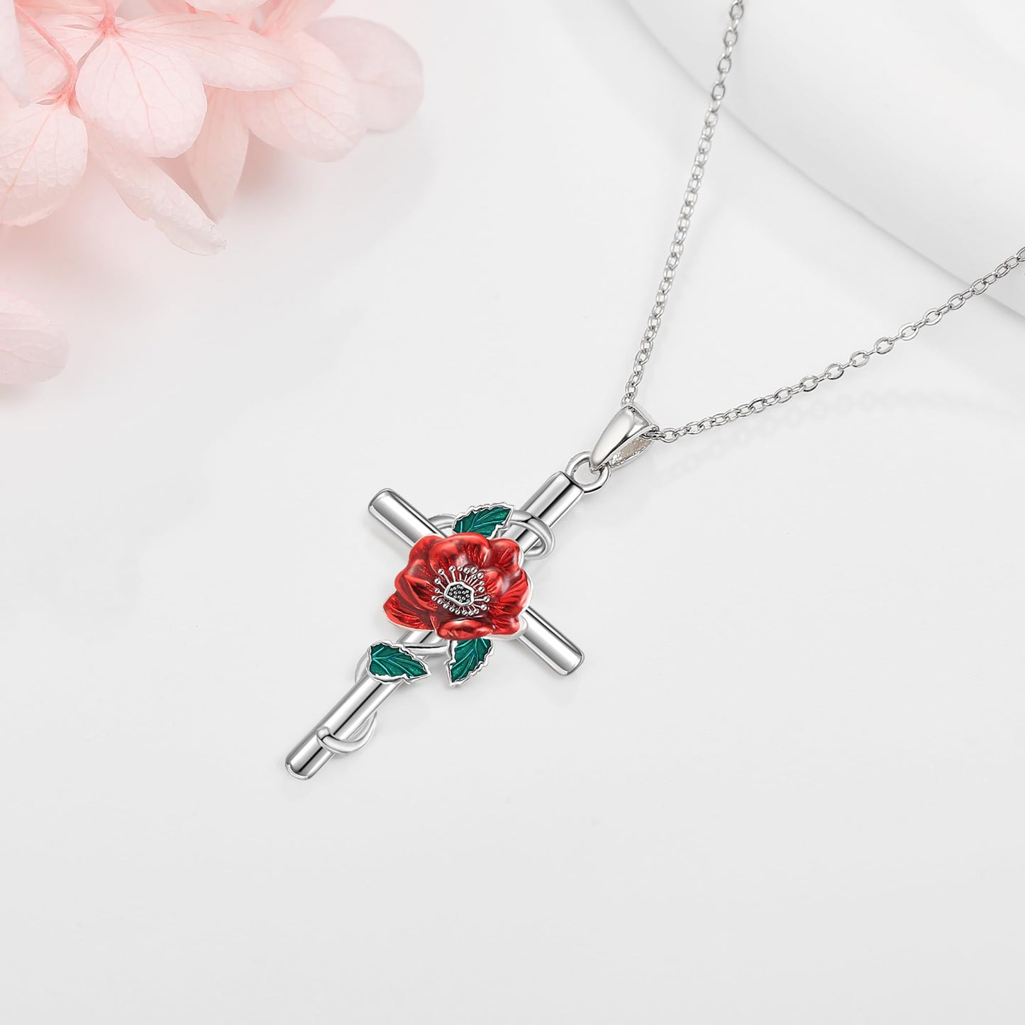 JERWLI Poppy Birth Flower Necklace 925 Sterling Silver Poppy August Birth Flower Pendant Necklace Cross Poppy Jewelry for Women Gifts