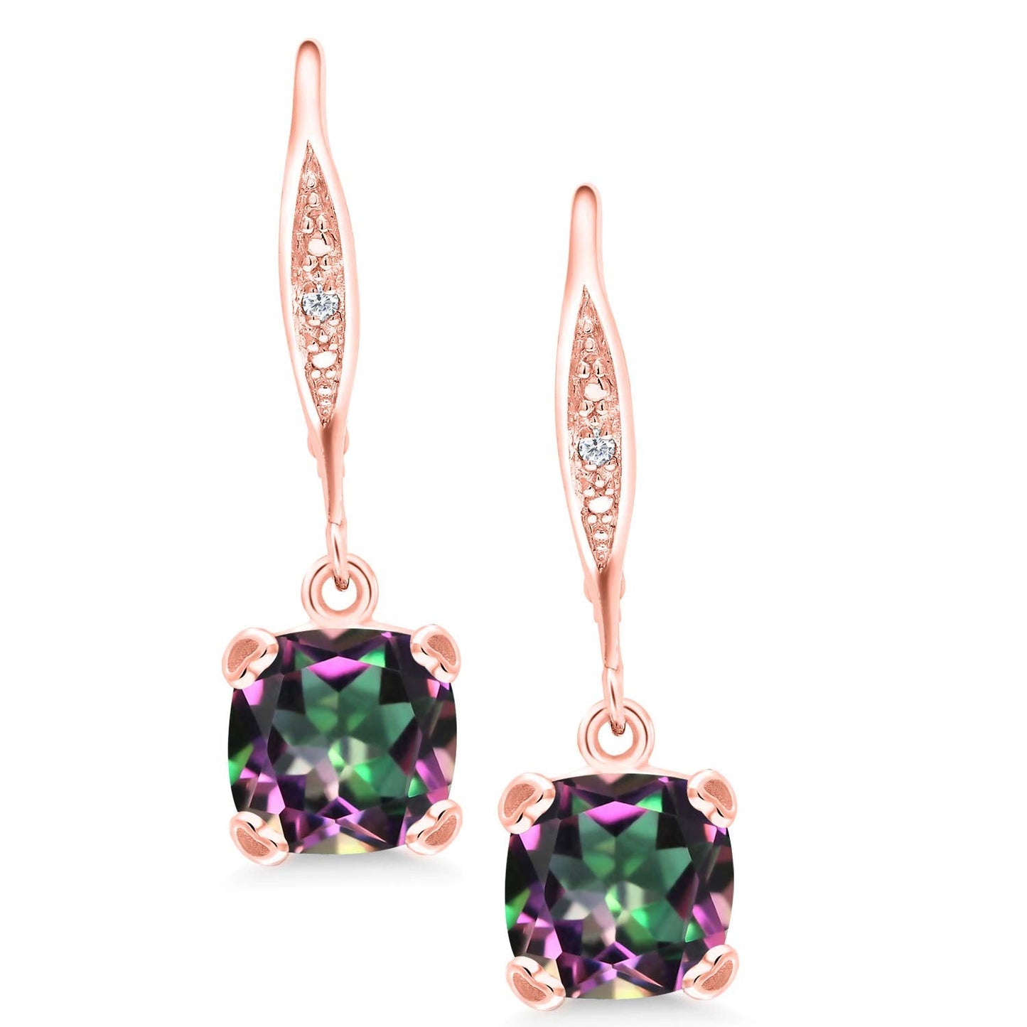 Gem Stone King Drop Dangle Earrings For Women | 7MM Cushion Cut Gemstone Birthstone and Diamond | 925 Sterling Silver | Jewelry Gift for Mom Wife Her | Green Mystic Topaz | Rose Gold