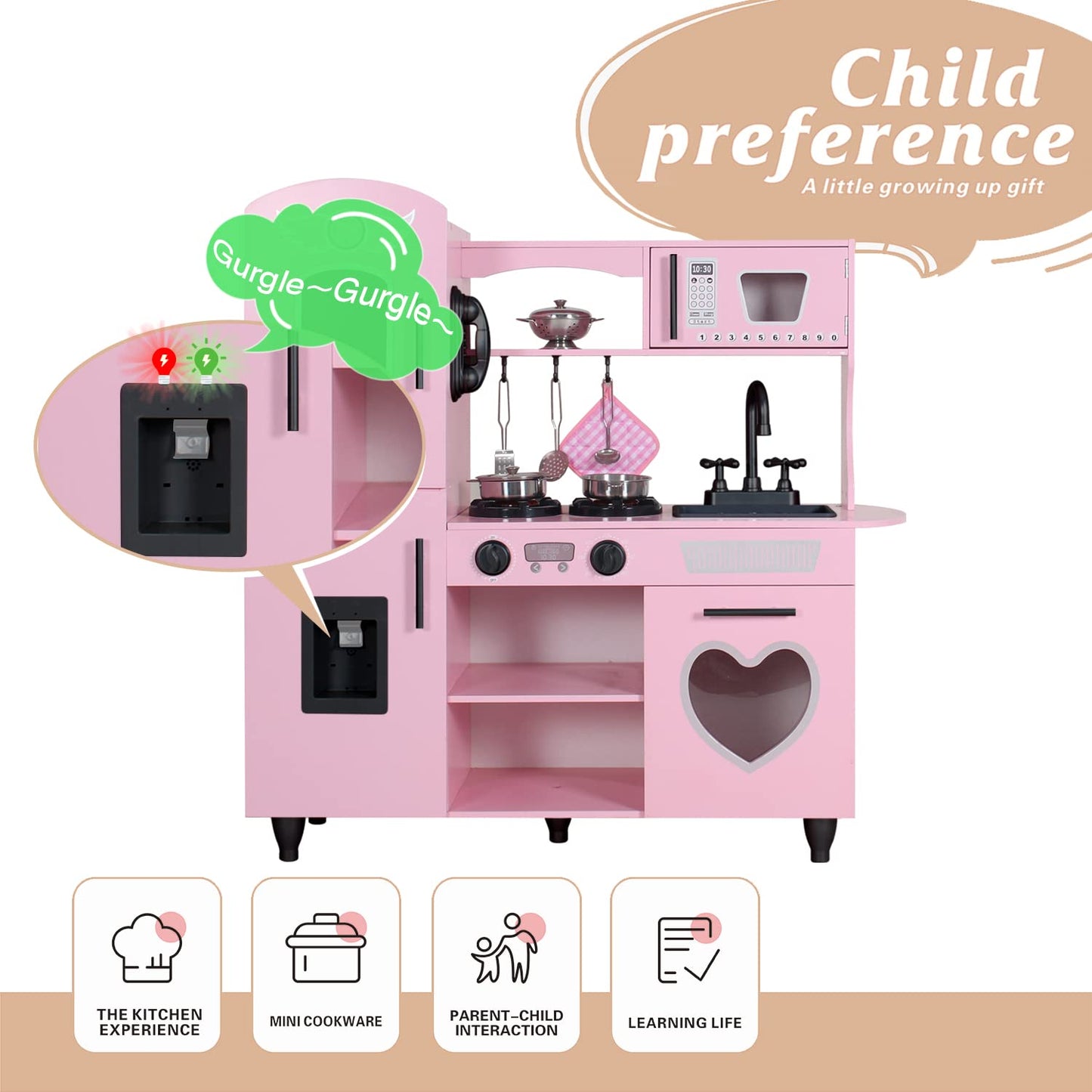 TaoHFE Play Kitchen, Pink Kids Kitchen Set for Girls Kitchen Set for Kids Ages 6-8 Gift Toddler Kitchen Set for Kid Age 3+ Kitchen Playset with Lights & Sounds Wooden Toy Kitchen Playset Gift