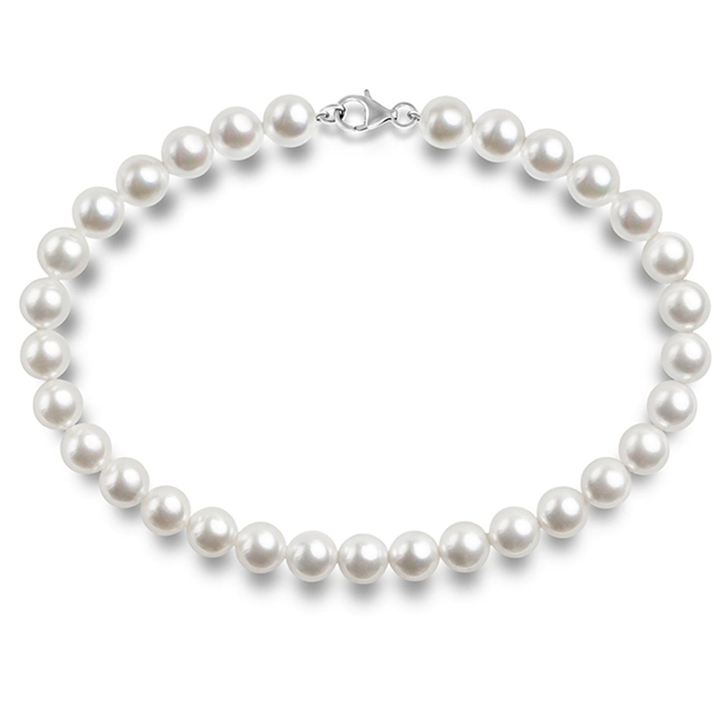 PAVOI 925 Sterling Silver Round White Simulated Shell Pearl Necklace Strand | Pearl Choker Necklace | Jewelry for Women - 16" Length (8mm)