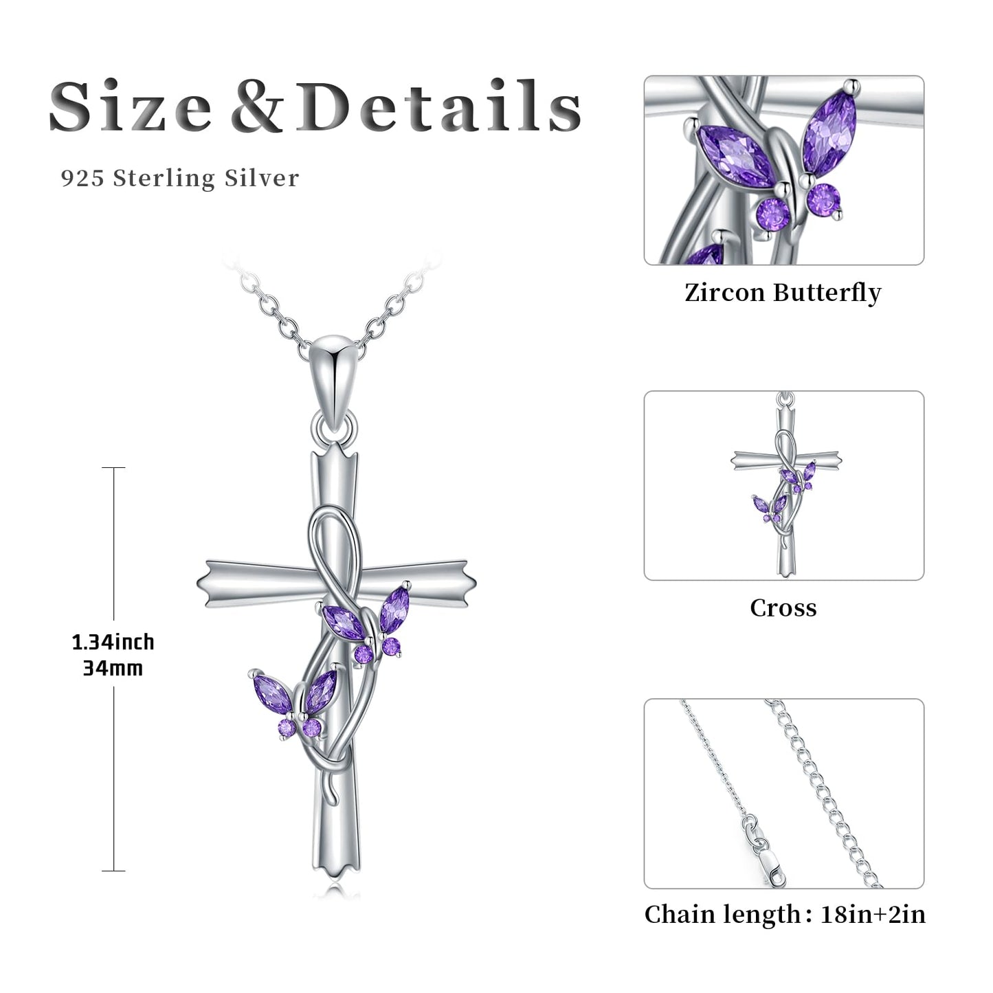 KoyeKei Butterfly Cross Necklace for Women 925 Sterling Silver Double Purple Butterfly Necklaces Christian Dainty Jewelry with Zircon Mothers Day Gifts for Mom Wife Lover