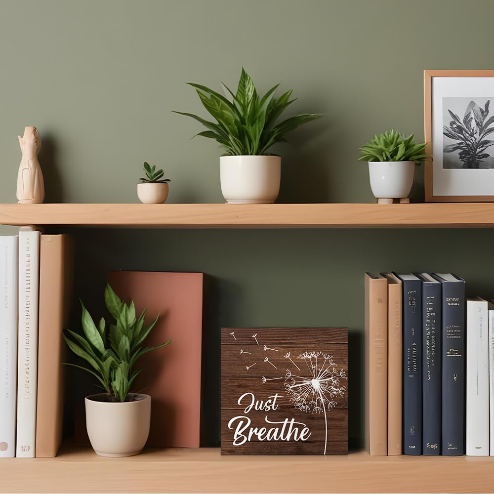 PUVOXHO Just Breathe Funny Dandelion Wooden Sign Desk Decor for Home Office Farmhouse Bedroom, Yoga Spa Room Decor, Inspirational Gifts for Women Boss Leader Supervisor Coworkers Family Friend BFF