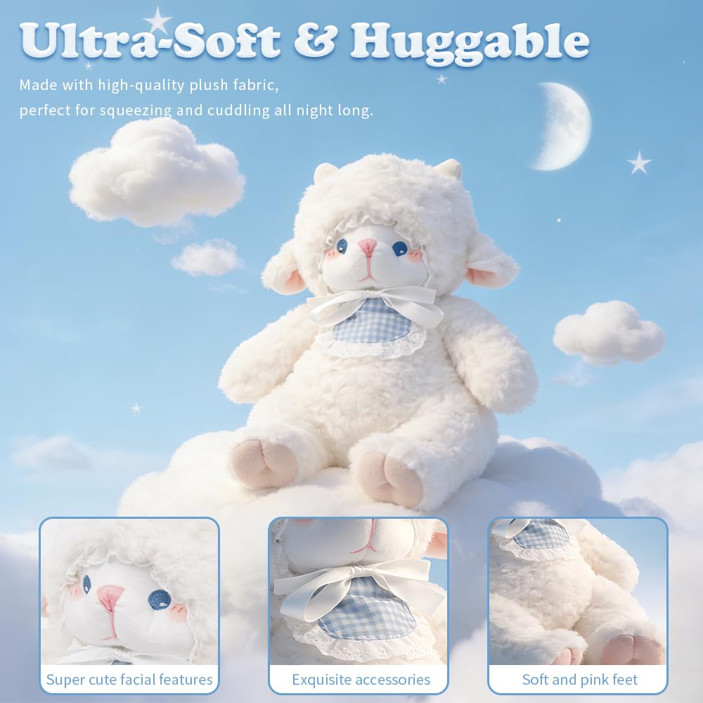 Tatuire Weighted Stuffed Animals White Lamb 14.6 inches Sheep Plush with Blue Eyes, Soft Baby Gift for Kids Girls Women Birthday.