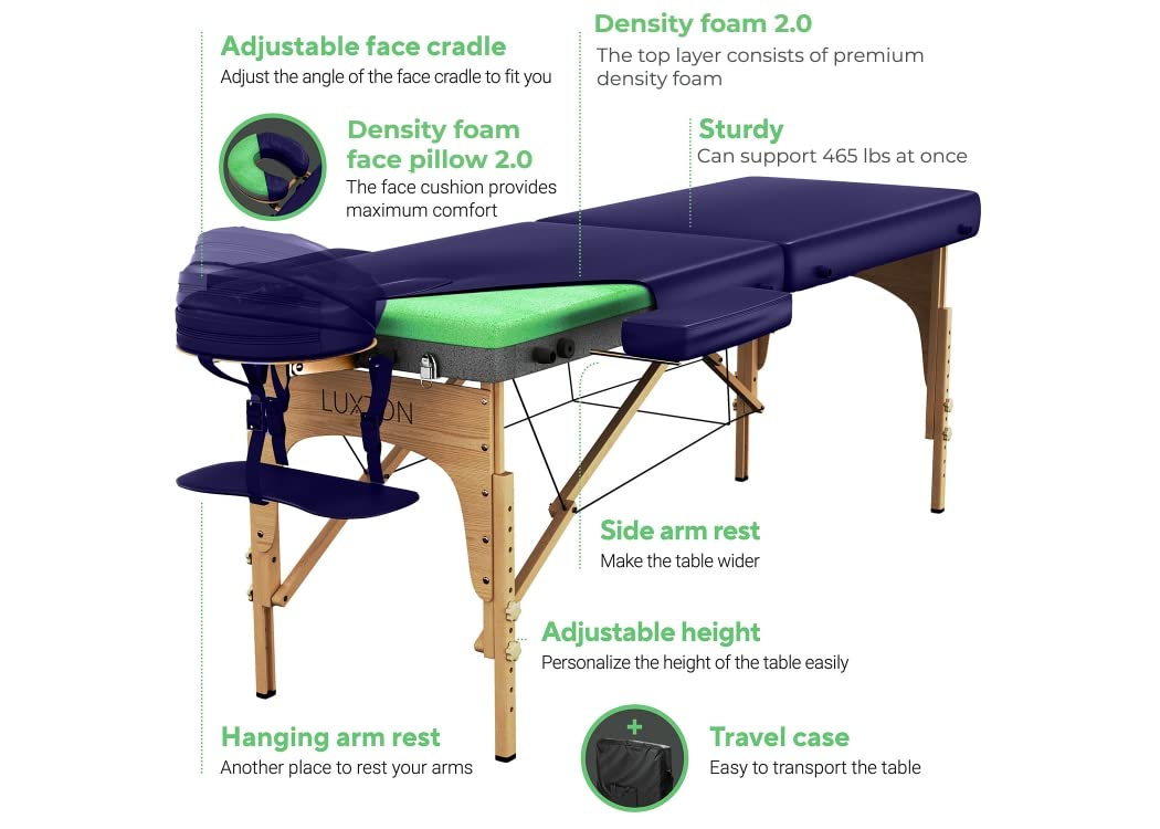 Luxton Home Premium Foam Massage Table Portable Foldable Massage Bed Height Adjustable, 72 Inches Long 27 Inches Wide Home Salon Spa Bed Tattoo Table with Accessories & Carrying Case, Easy Set Up