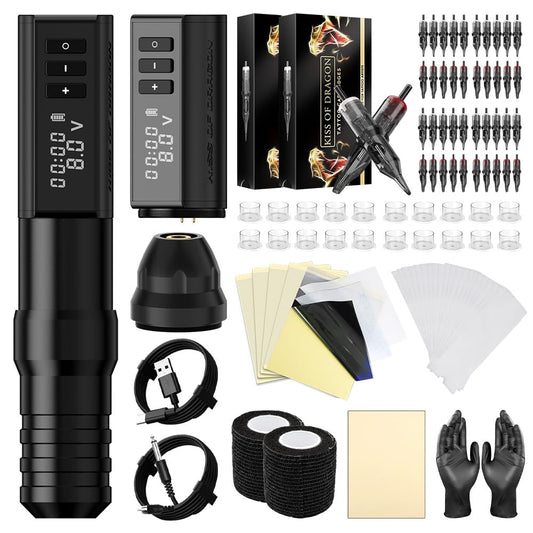 Wireless Tattoo Machine Pen Kit Complete Rotary Tattoo Gun Two 2400mAh Power Supply 40pcs Cartridge Needles Tattoo Ink Practice Skin Bandage for Beginners