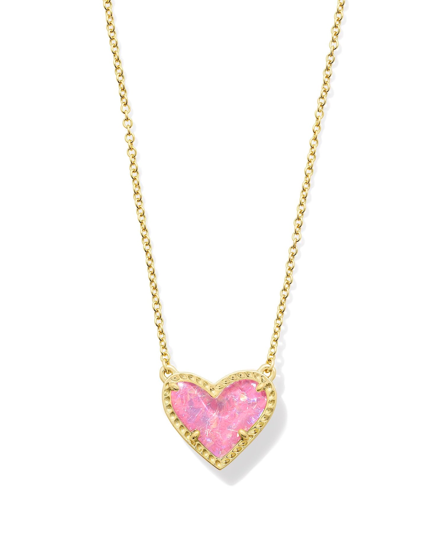 Kendra Scott Ari Heart Short Pendant Necklace in Pink Iridescent Glitter Glass, 14k Gold-Plated Brass, Fashion Jewelry for Women