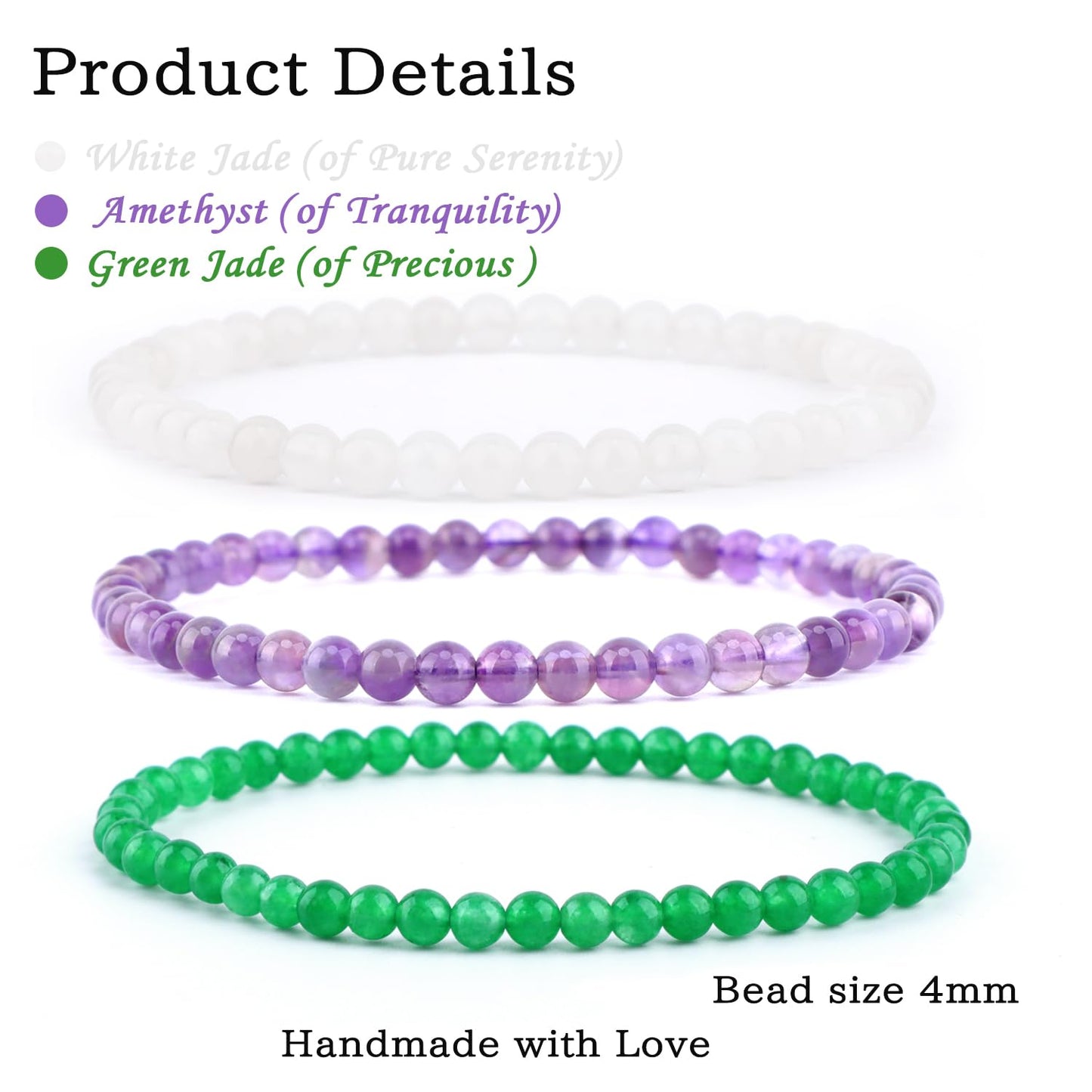 CMBYN 3-Pieces 4mm Natural Crystal Gemstone – ﻿Amethyst, Green Jade, White Jade Handmade Reiki Energy Healing Stretch Bracelets Jewelry for Yoga, Meditation, Unisex