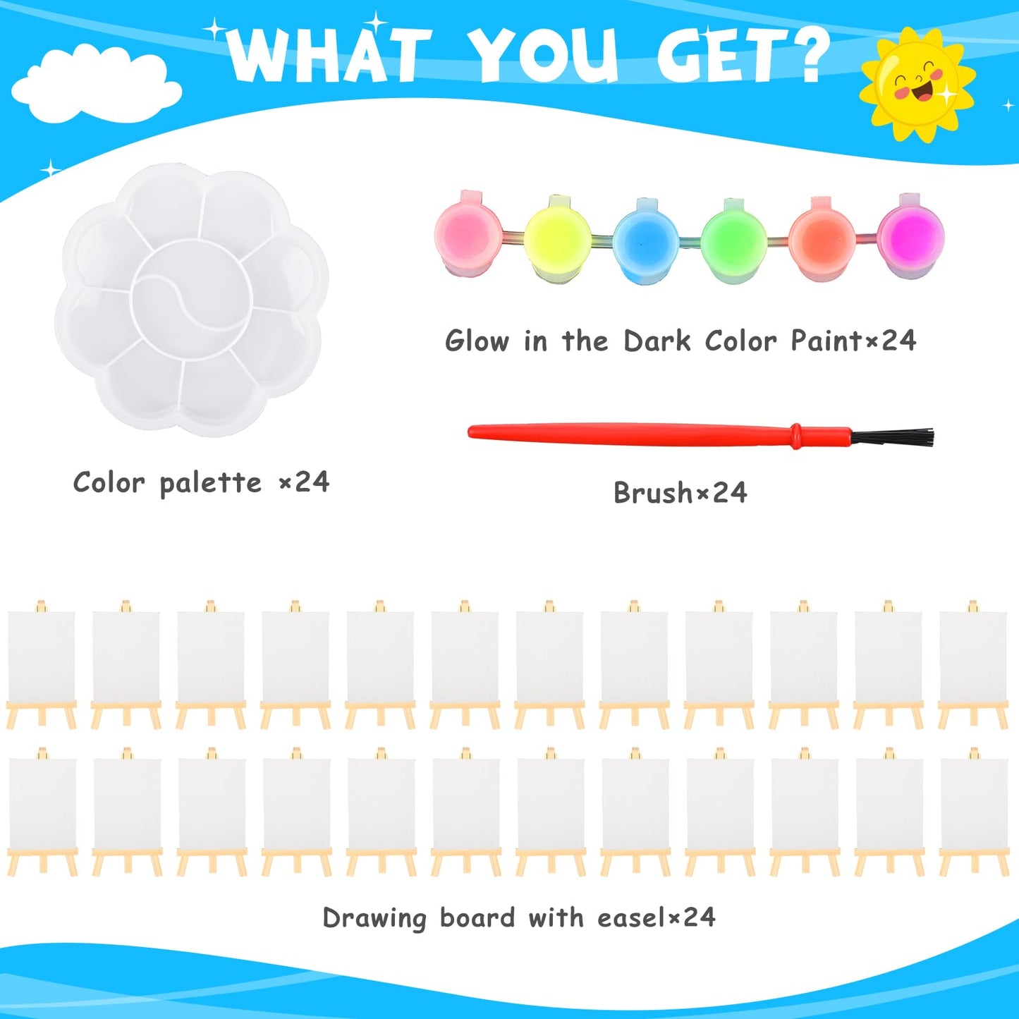 Tosstuki 24 Set Glow in the Dark Party Supplies Glow in Dark Paint Kit 3.9" x 5.9" Canvas for Painting with Wooden Easel Paint Brush Kit for DIY Crafts Rainbow Light up Birthday Luminous Party Favors