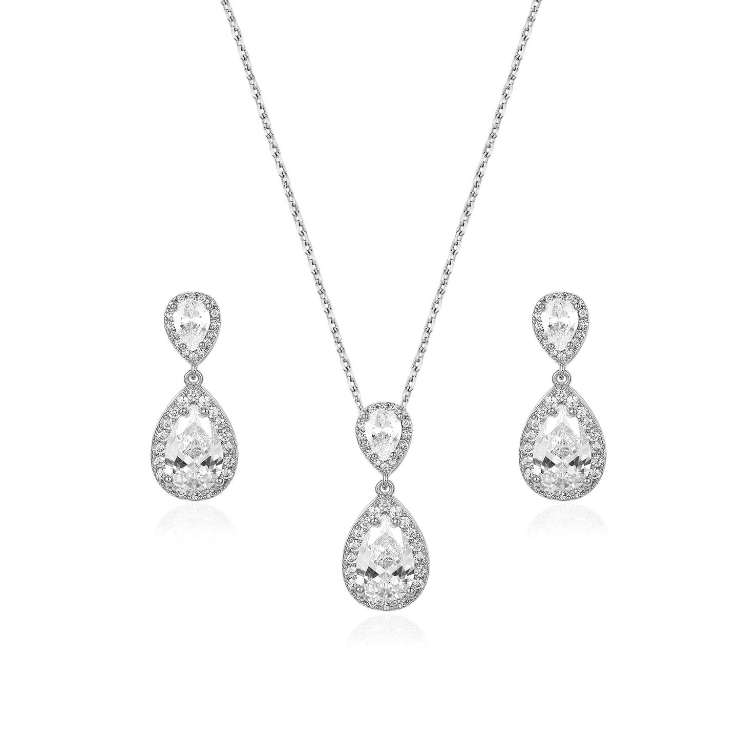UDYLGOON Bridal Jewelry Set for Women, Cubic Zirconia Teardrop Bride Bridesmaid Necklace and Earrings Set for Wedding Prom Formal (White Gold Plated)