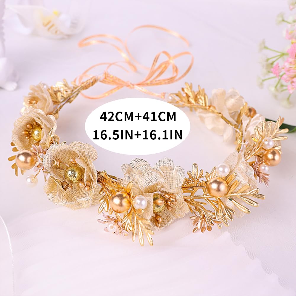 yuruyi Adjustable Flower Crown Headband for Women - Floral Garland Hair Wreath with Crystal Accents Perfect for Weddings Flower Wands Photo Props (Gold Flower Pearl, Adjustable)
