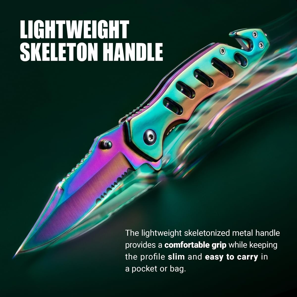 Legal Rainbow Pocket Knife with Glass Breaker Seatbelt Cutter - 2.68 Inch Sharp Serrated Blade - Cute Small Folding Womens Knives for Self Defense EDC Camping - Birthday Gifts for Women - 6655 R