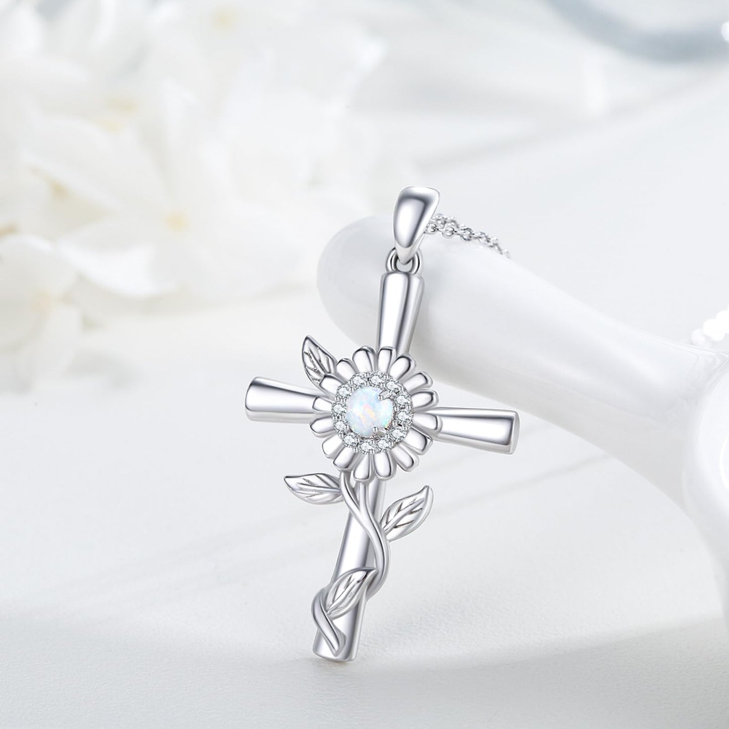 MOPOPOK Daisy Cross Necklace 925 Sterling Silver Daisy Pendant Necklace Cross jewelry Gift for Women Mom Daughter