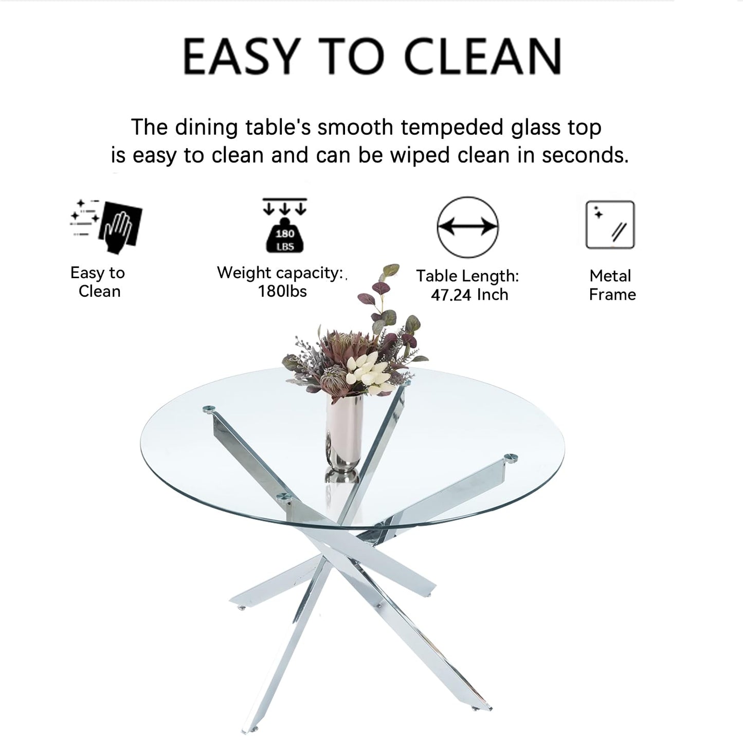 KUVADAZ 47.24" Modern Silver Glass Dining Room Table Set for 4, 5-Piece Round Kitchen Dining Table Set with Cross Metal Legs and 4 Grey Velvet Upholstered Chairs, Glass Kitchen Table and Chairs Set