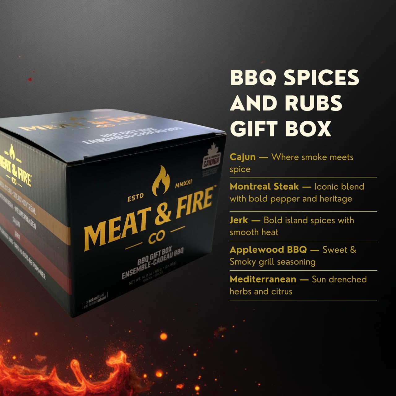 BBQ Rubs & Seasonings Gift Set for Men – 5 Gourmet Grilling & Smoking Spices in Gold Foil Gift Box, Meat & Fire Co., BBQ Accessories Gift for Dad, Grill & Smoker Lovers