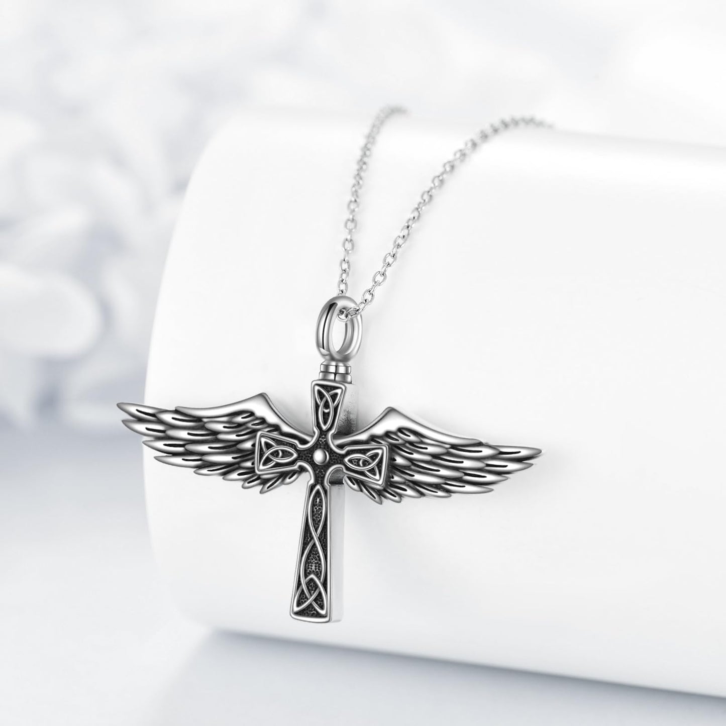 POPLYKE Cross Angel Wings Urn Necklace for Ashes for Women 925 Sterling Silver Memorial Necklace for Human Ashes of Loved Ones Angel Pendant Cremation Jewelry for Ashes