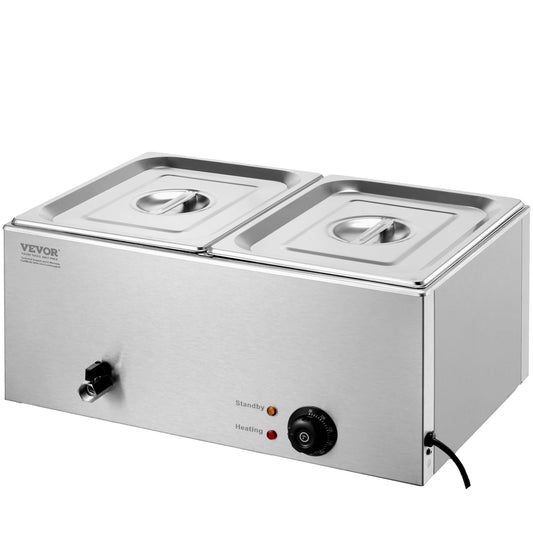 VEVOR 110V 2-Pan Commercial Food Warmer 1200W Electric Steam Table 15cm/6inch Deep Stainless Steel Bain Marie 24 Quart for Buffet Catering, Silver