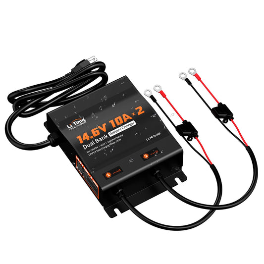 LiTime 2-Bank 10A (10A/Bank) Dual Smart Battery Charger, 14.6V LiFePO4 Battery Charger AC-DC Charger with Fuse, LED Indicator for RV, Boat, Motorcycle, Lawn Mower, Trolling motor and Lead Acid Battery