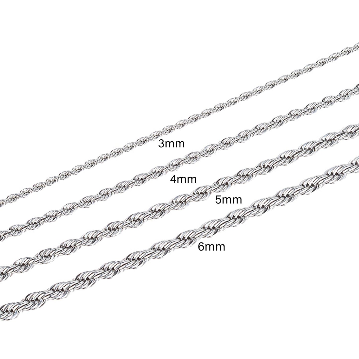yipima Stainless Steel Rope Link Chain Bracelet for Women Men, Silver Tone / 14K gold Plated 3/4/5/6mm wide Rope Chain Bracelets, 7.5" or 8.3" (stainless steel-3mm, 7.5)