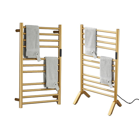 XMGJ Electric Towel Warmers Radiator with Timer Gold, 140W Wall-Mounted & Freestanding Heated Towel Drying Rack with 11 Bars, 304 Stainless Steel Heated Towel Rail for Bathroom, Plug-in