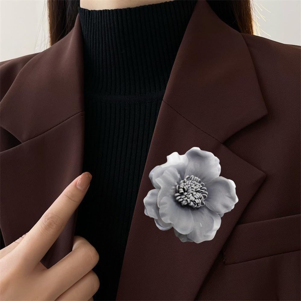 Elegant Large Cloth Flower Brooches Big Camellia Flower Pin for Women Dainty Cloth Fabric Rose Brooches Dress Skirt Scarf Hat Pins Clothing Decoration Accessories (Grey)
