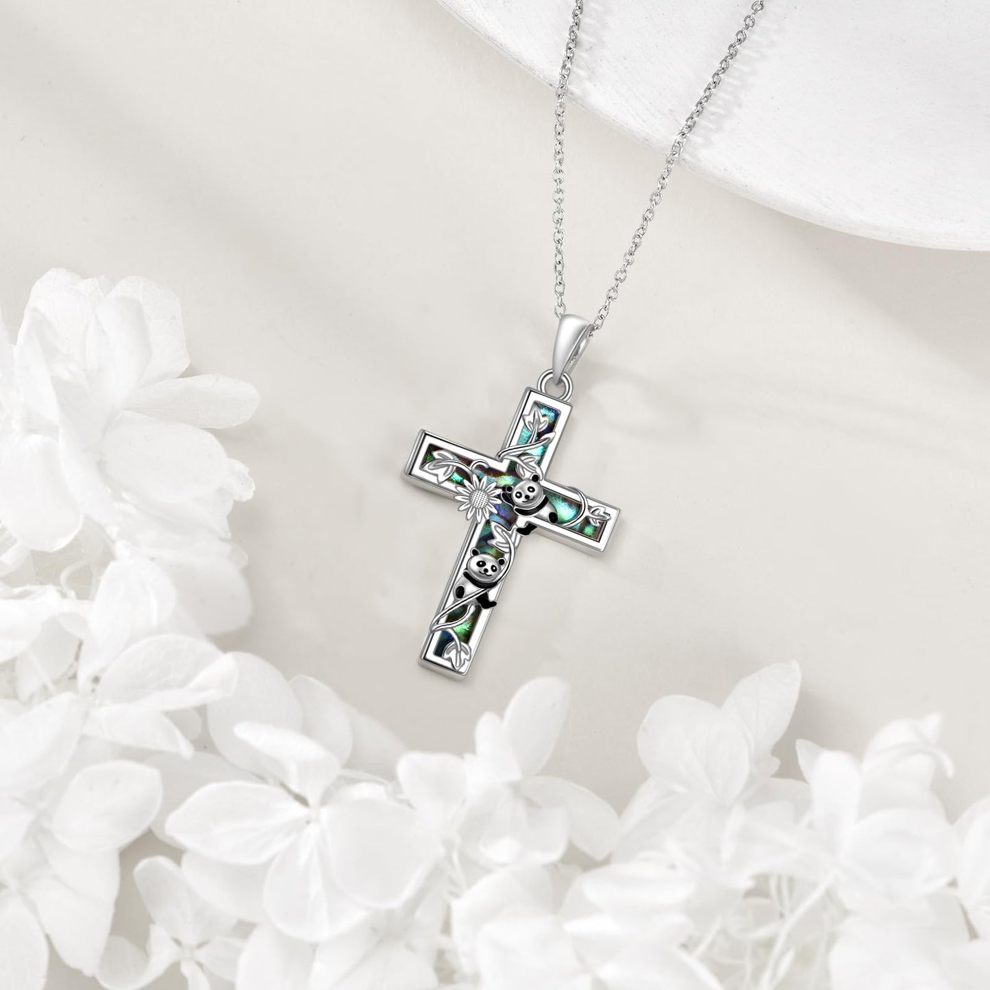 YFN Sunflower Cross Necklace Sterling Silver Panda Cross Pendant Abalone Shell Jewelry Religious Christian Baptism Gifts for Her Women