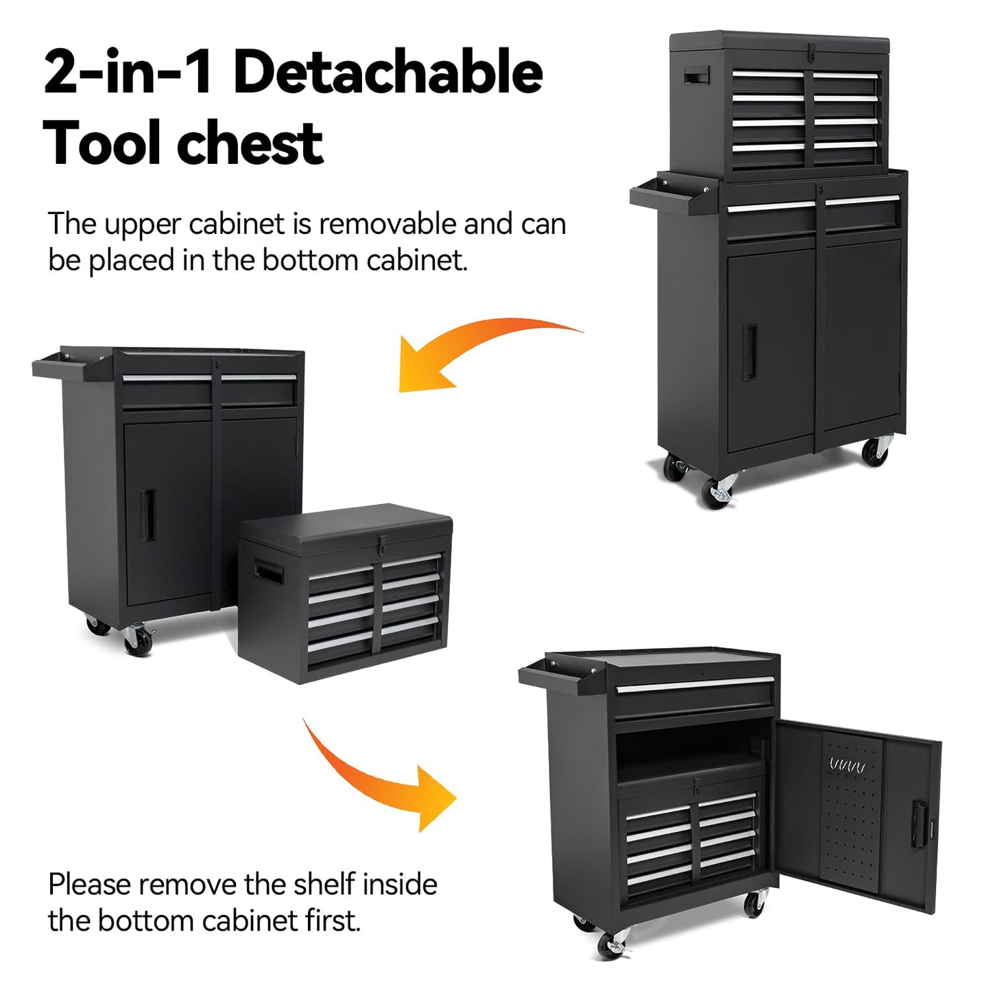 HPDMC 5-Drawer Rolling Tool Chest, High Capacity, Adjustable Shelf, Lockable Drawers, Detachable 2 in 1 Mechanic Tool Box Storage Cabinet with Wheels for Garage Workshop Warehouse Repair Shop