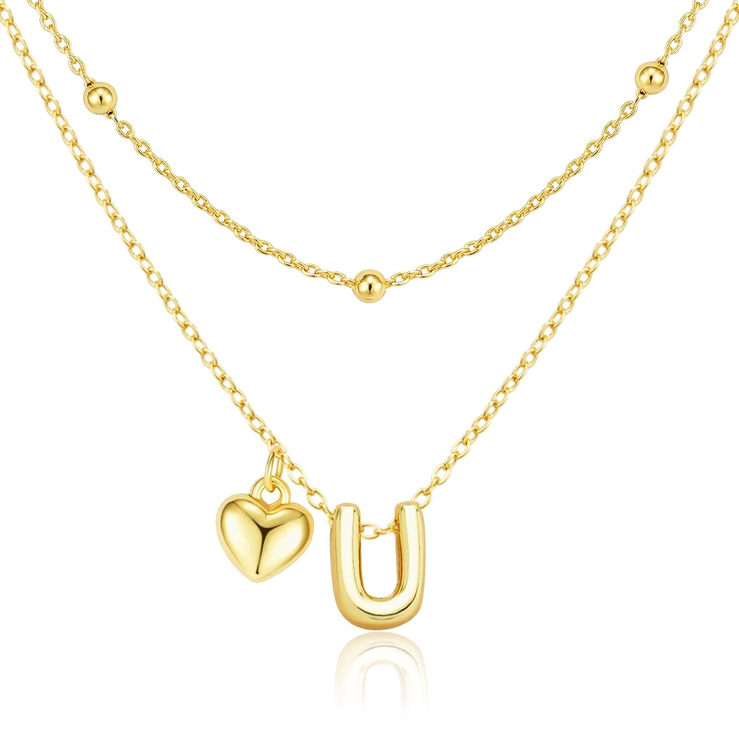 adoyi Gold Heart Initial Necklaces for Women Hers Dainty 14K Gold Plated Heart Initial Necklaces Layered Letter U Pendant Necklace Stack Birthday Valentines Gifts for Women Jewelry