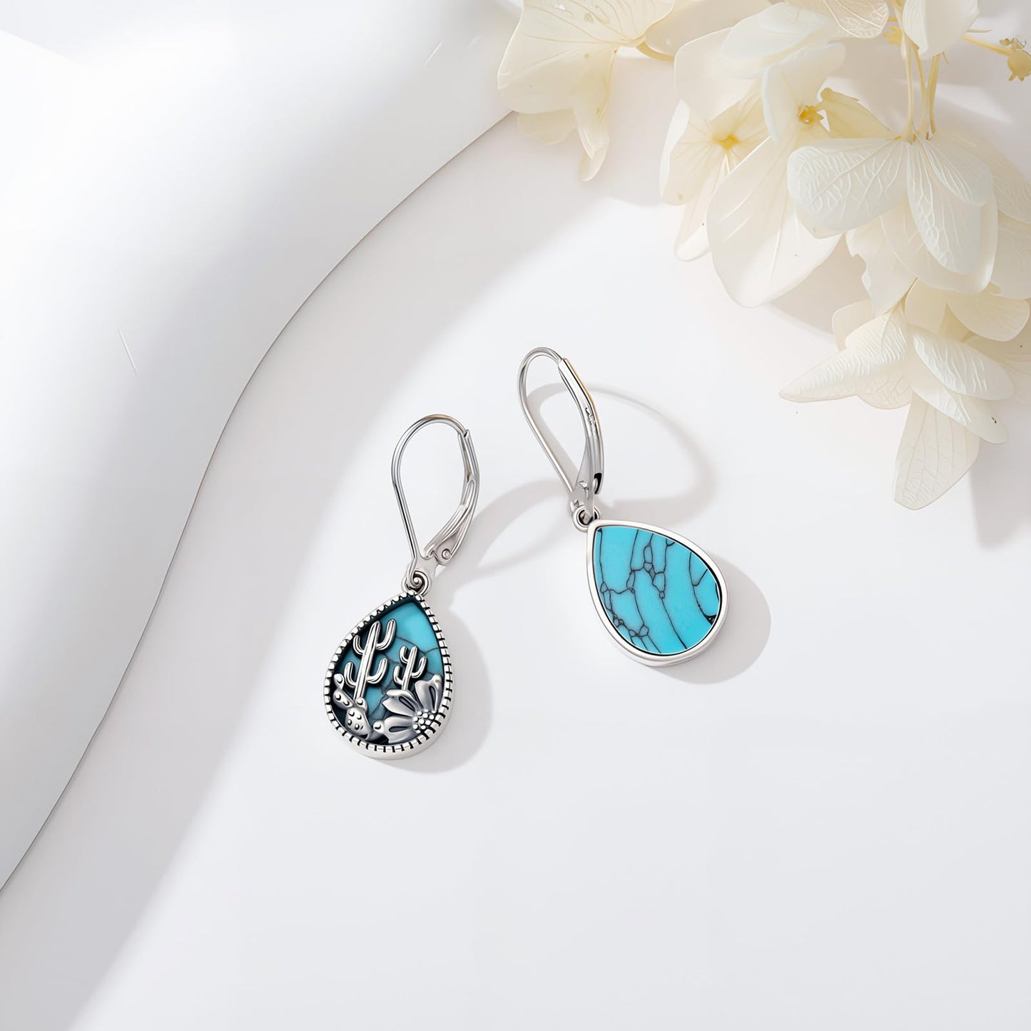 KoyeKei Cactus Dangle Drop Earrings for Women Country 925 Sterling Silver Turquoise Cactus Leverback Earrings Dangling Western Jewelry Christmas Gifts for Plant Lovers