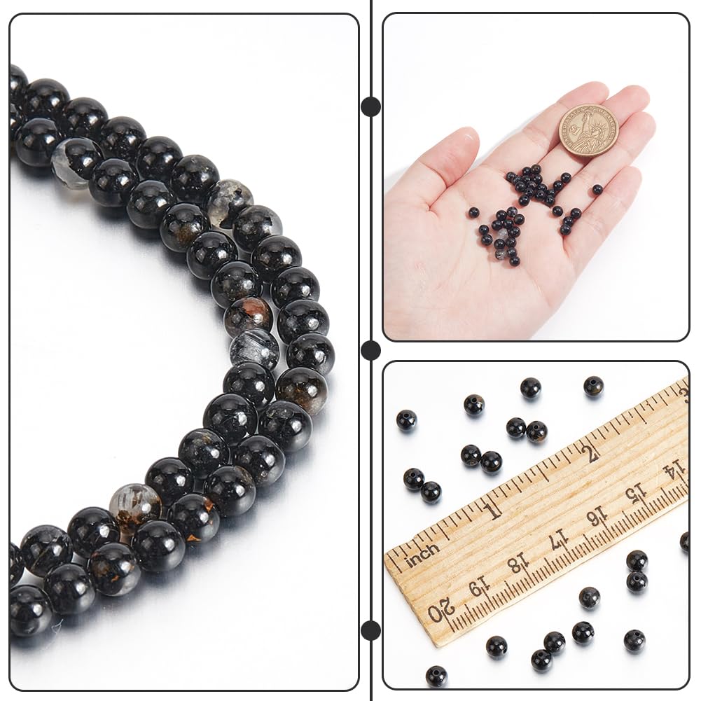 NBEADS About 89 Pcs Natural Black Tourmaline Beads Strands, 4mm Polished Smooth Gemstone Round Beads Nature Spacer for Bracelets Necklace Jewelry Making