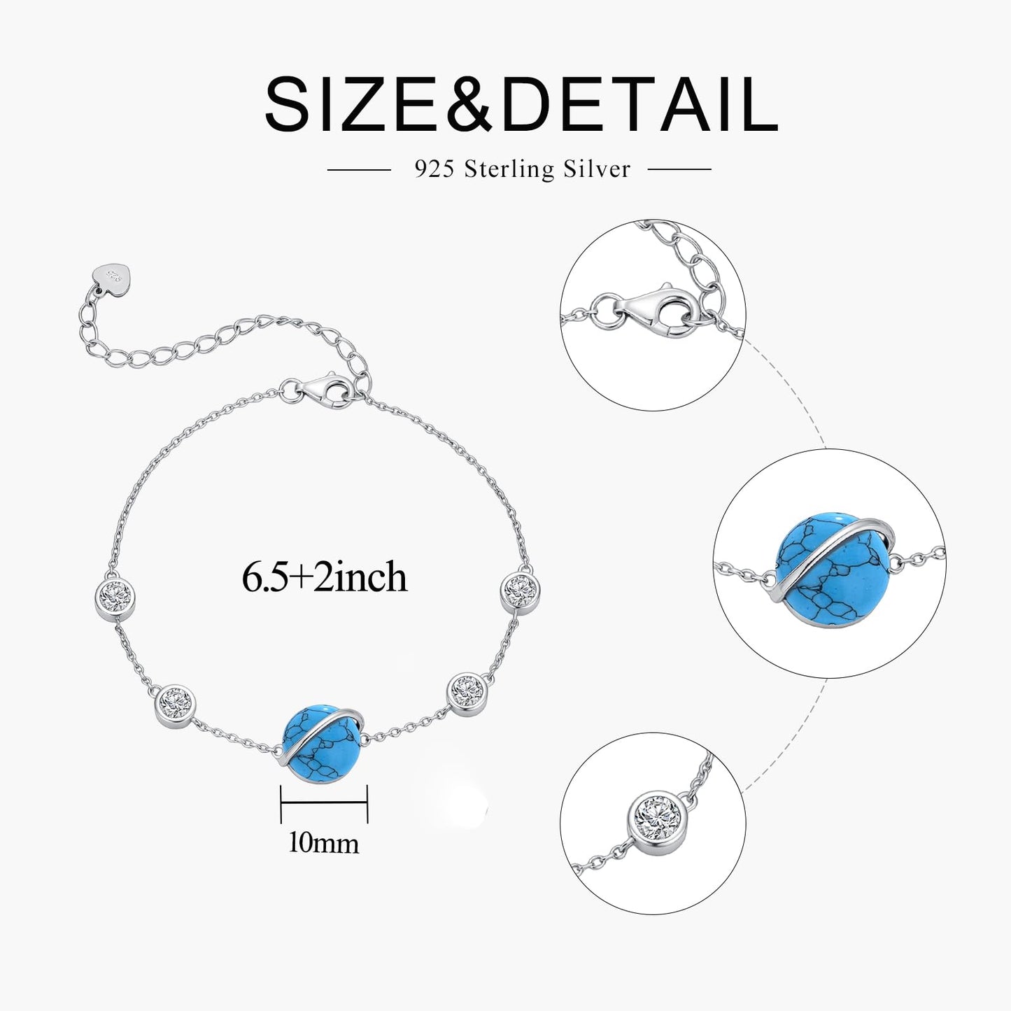 SELKAT 925 Sterling Silver Turquoise Bracelet for Women - Adjustable Chain Design, Thoughtful Gift for Mom & Wife on Birthday, Mother’s Day and Anniversary (Style 1)