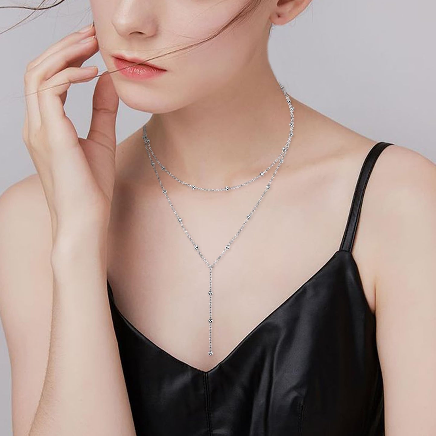 FLYOW Layered Necklace for Women Sterling Silver Beaded Double Trendy Layered Choker Y Lariat Long Necklace Dainty Mothers Day Valentine's Day Birthday Gift for Ladies