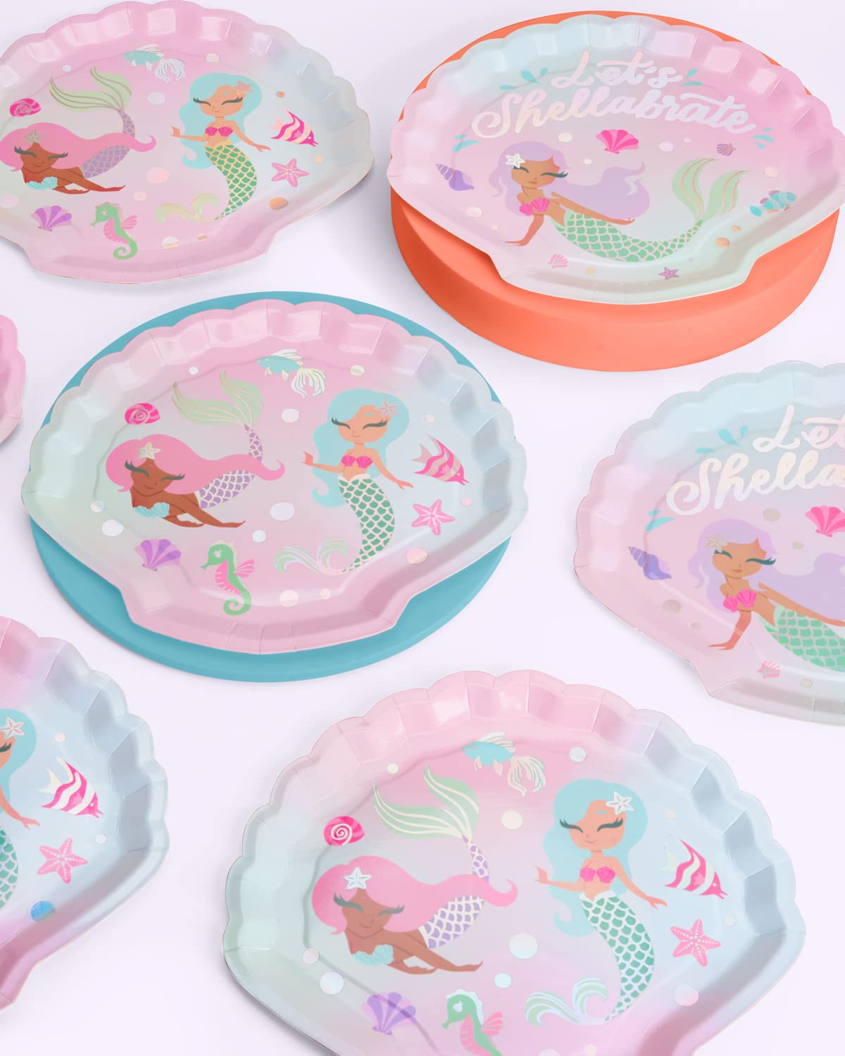 xo, Fetti Mermaid Shell Birthday Plates - 24 pk, 9" | Mermaid Bday Party Supplies, Under The Sea Decorations, Let's Shellabrate Party Favors