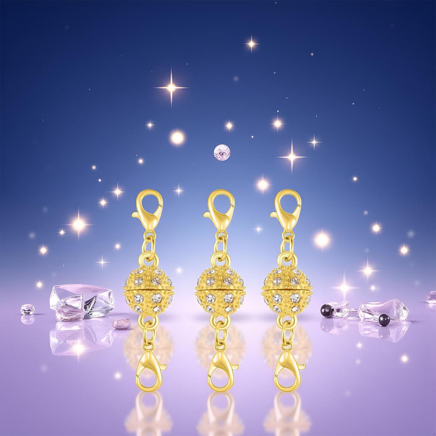 Magnetic Necklace Clasps, 18K Gold and Silver, Crystal Rhinestone Ball Connector with Lobster Clasp, Jewelry Extender for Necklaces, Bracelets (3pcs Golden)