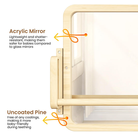 Woodtoe 3-in-1 Montessori Mirror with Bar, Adjustable Toddler Mirror & Pull Up Bar, Montessori Learning Toy for Baby 6-18 Months, Nursery Mirrors, Natural Wood Furniture for Daycare, Kids Classroom