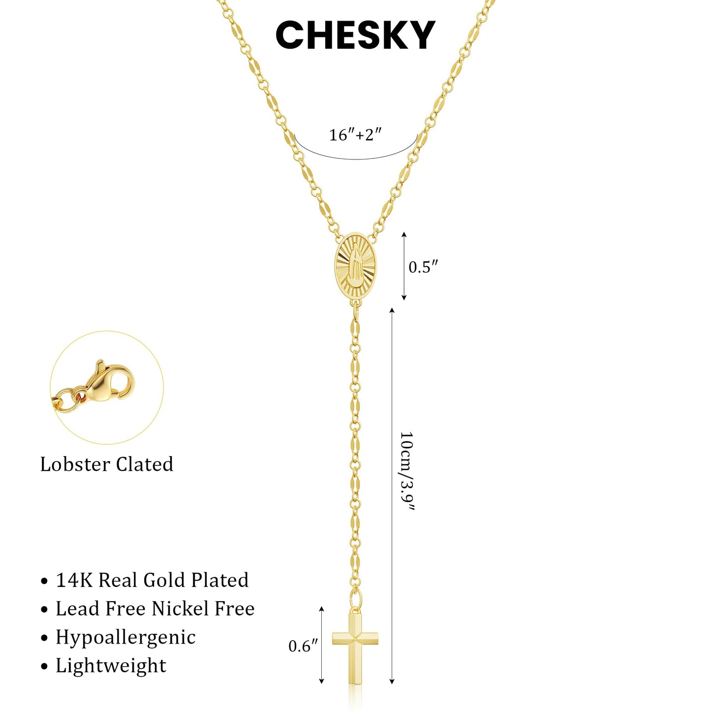 CHESKY 14K Gold Plated Long Necklace for Women Y Shaped Necklace Rosary Cross Drop Pendant Necklace Dainty Trendy Christian Jewelry
