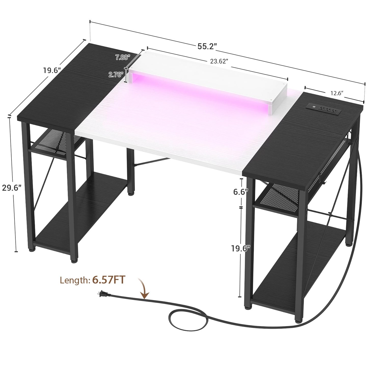 Armocity Computer Desk with LED Lights, 55 Inch Desk with Power Outlet and USB, Reversible Large Desk with Moveable Monitor Stand, 55.2'' Gaming PC Table for Home Office, Workstation, White and Black