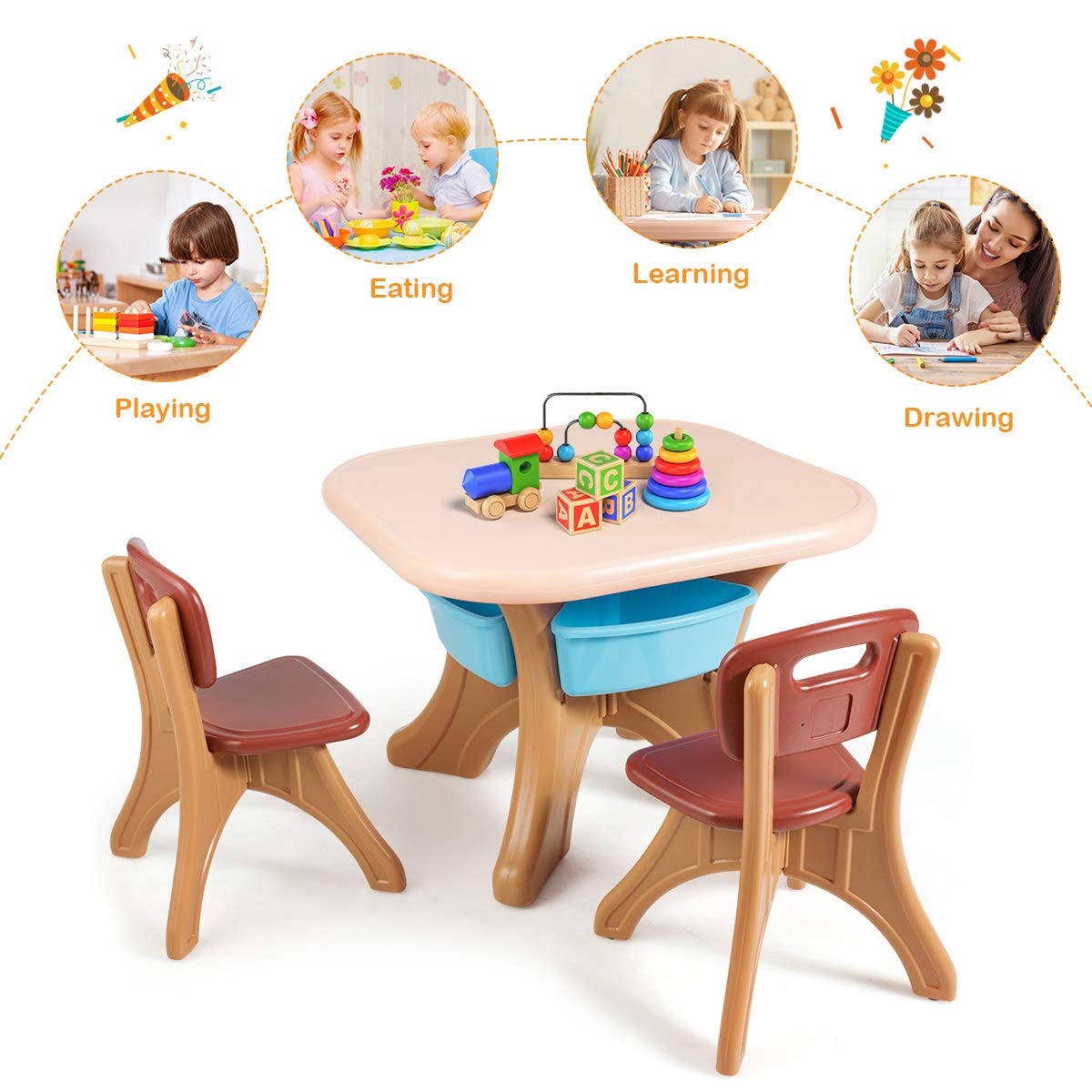 Costzon Kids Table and Chairs, 3 PCS Activity Desk Set w/ 4 Detachable Storage Bins for Indoor Outdoor Play Art Crafts Picnic Patio, Lightweight Toddler Table and Chair Set (Coffee & Blue)