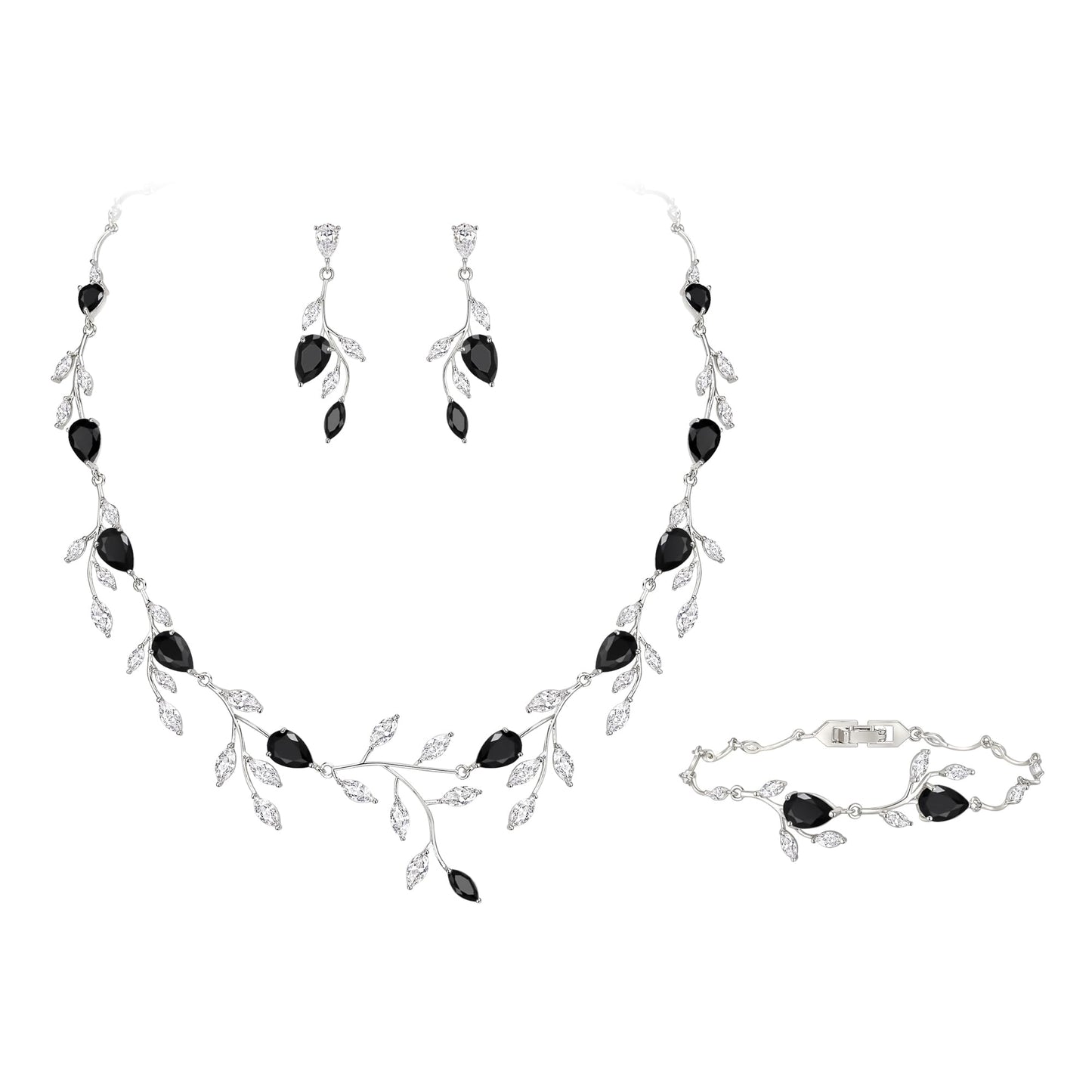 EVER FAITH Party Jewelry Set for Women, Sparkly Cubic Zirconia Pear-Shaped Birthstone Leaf Necklace Tennis Bracelet Earrings Sets for Prom Black