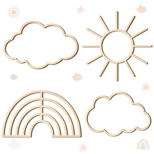 4 Pieces Boho Nursery Cloud Star Wall Decor Wooden Babyroom Moon Rattan Wall Decor Wooden Rainbow for Children Baby Kids Boys Girls Bedroom Nursery Pendant(Cloud Rainbow Sun)