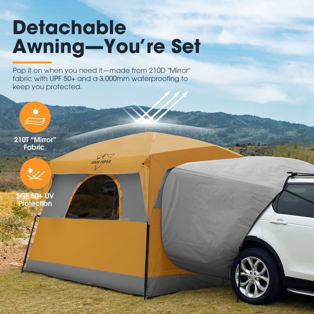 SanHima SUV Tent for Camping with Rainfly - 2 Door Design Waterproof PU3000mm Double Layer SUV Tailgate Tent for Van Jeep CUV Model Y, 10'L x 9'W x 6.6'H, Up to 6 Person, Orange & Gray