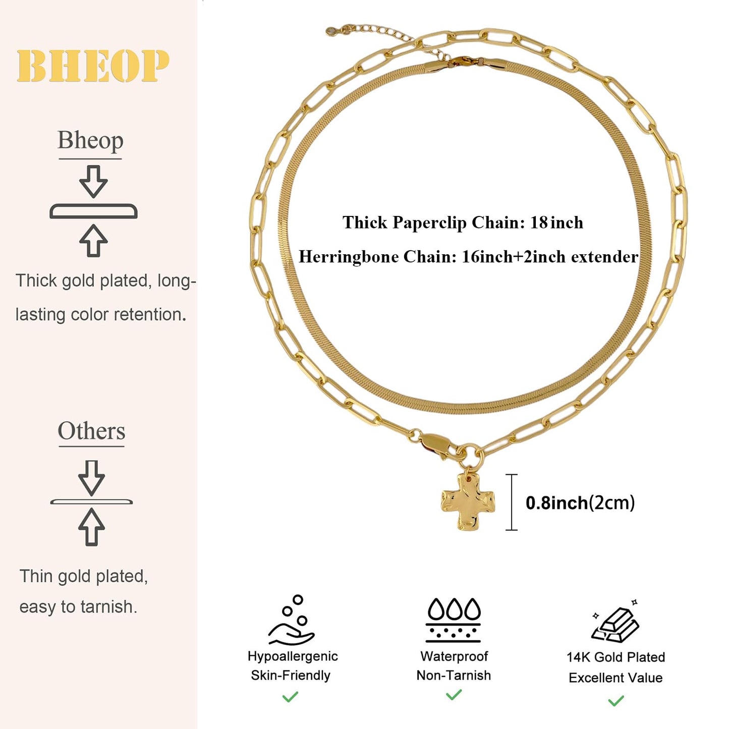 Bheop Chunky Cross Necklace for Women Trendy 14K Gold Plated Layered Statement Cross Pendant Charm Necklace Vintage Paperclip Herringbone Snake Choker Chain Costume Jewelry Set Gift Non Tarnish
