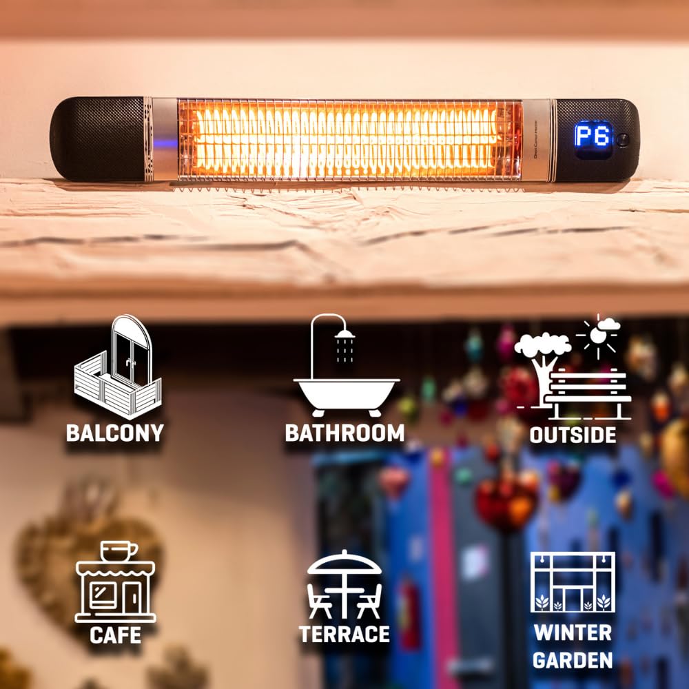 Luxeva Infrared Patio Heater 2-in-1 Wall-Mounted & Freestanding Indoor & Outdoor 300/1500W – 6 Heat Modes – Instant Heat in 3 Sec – Protective Cover – IP55 Waterproof – Remote Control (BLACK/SILVER)