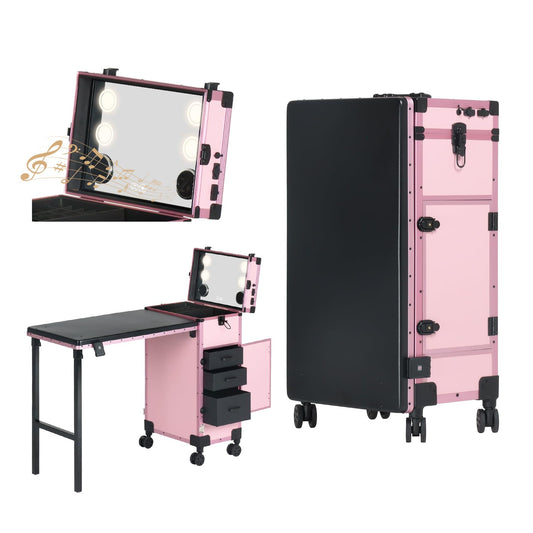 Rolling Portable Manicure Table with 3 Drawers, Lockable Makeup Train Case with Mirror, Foldable Nail Desk with Wheels & Handle, Mesa de Uñas Profesional para Nail Techs & Salon Use, Pink