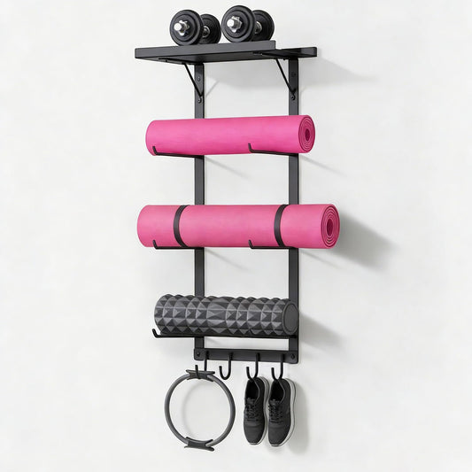 LFIPYM Black Wall Mount Yoga Mat Holder with Floating Shelf & 5 Hooks, Home Gym Storage Rack for Yoga Mats, Foam Rollers and Resistance Bands, Metal
