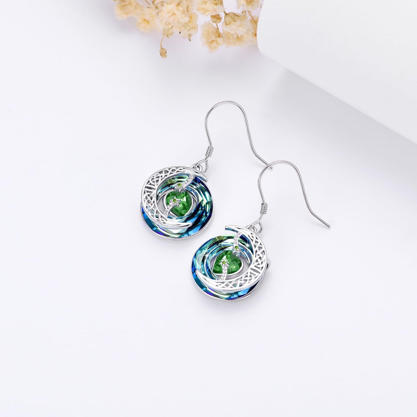 TOUPOP Emerald Earrings May Birthstone Earrings Sterling Silver Moon and Star Drop Dangle Earring Jewelry Blue Crystal Birthday Mothers Day Gifts for Women Mom Her